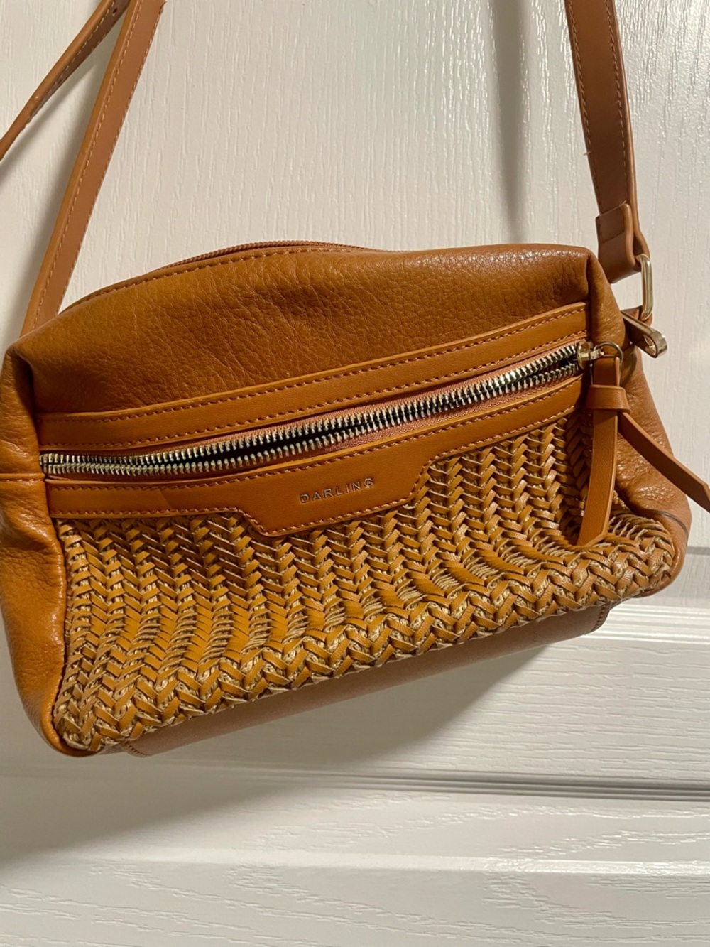 Darling Faux Leather Woven Crossbody Bag - Cognac Colour